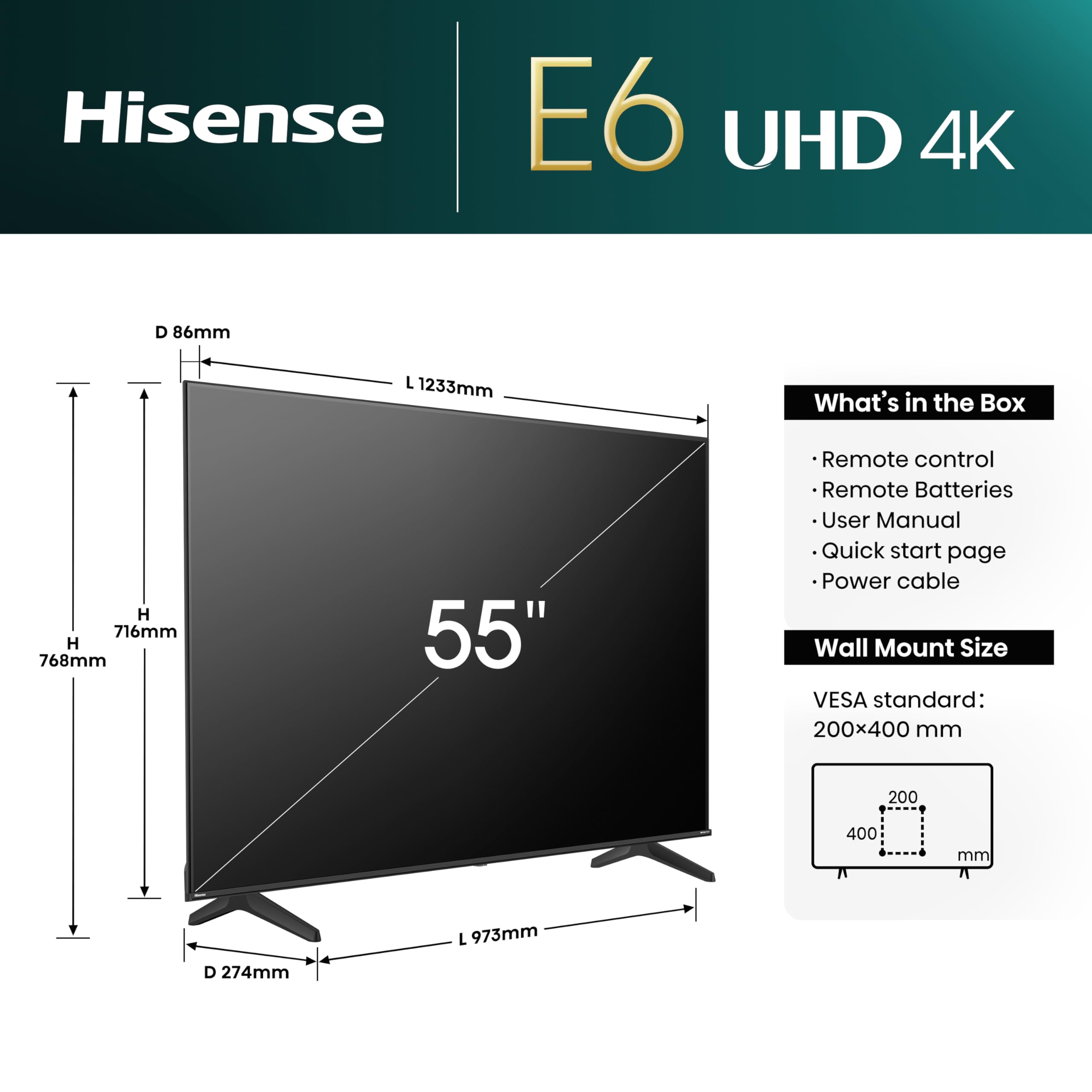 Hisense 55 Inch 4K Smart TV 55E6NTUK - Dolby Vision, Game Mode